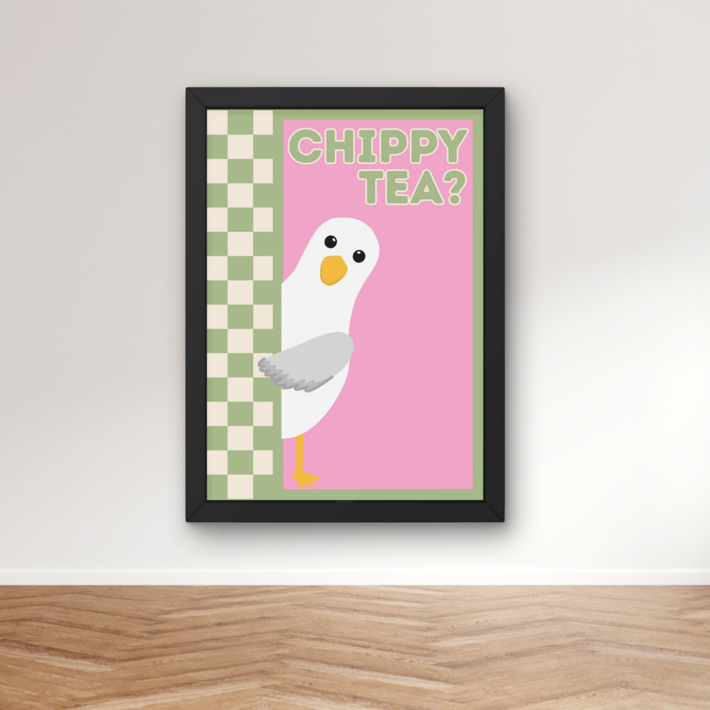 chippy tea? pink & sage | Funny seagull kitchen print