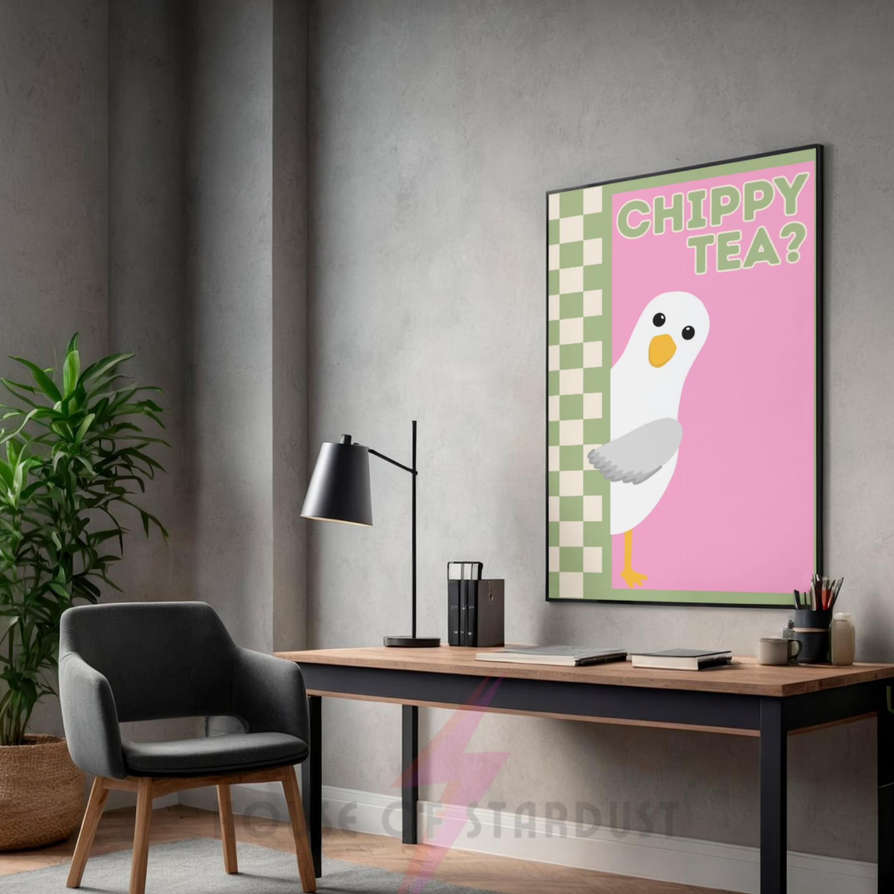 chippy tea? pink & sage | Funny seagull kitchen print