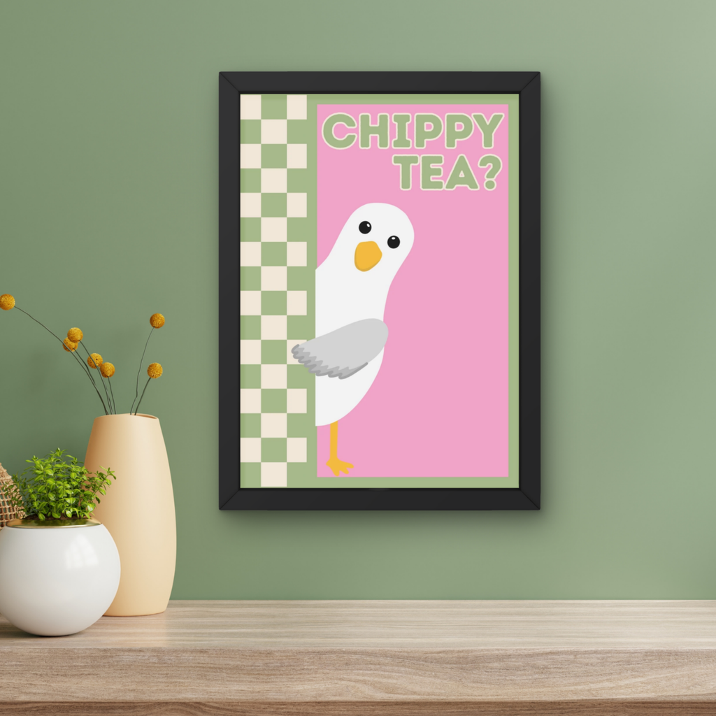 chippy tea? pink & sage | Funny seagull kitchen print