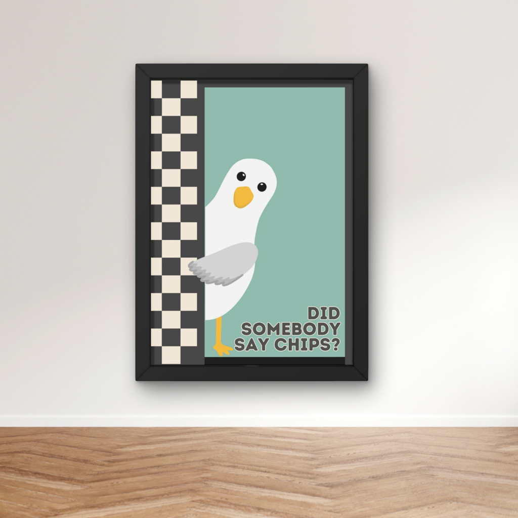 chips? teal & black | Funny seagull kitchen print