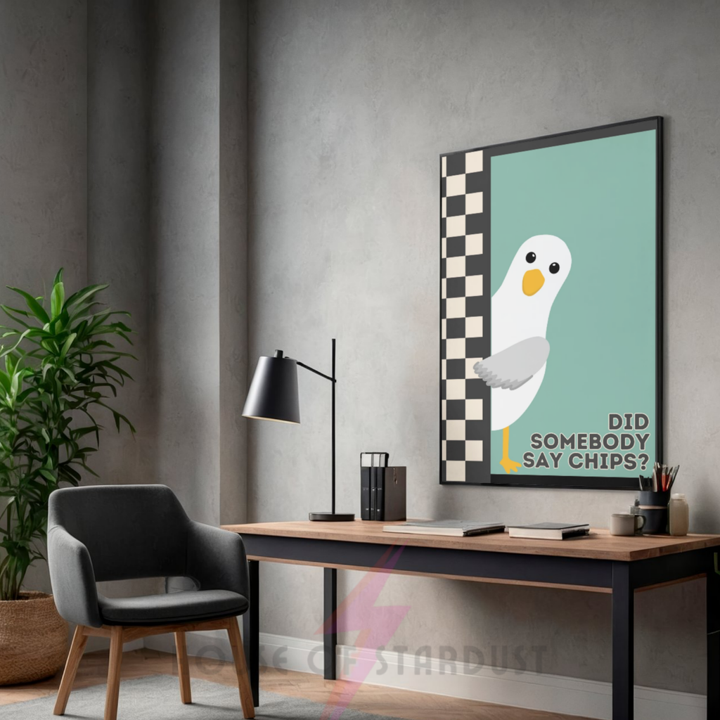 chips? teal & black | Funny seagull kitchen print