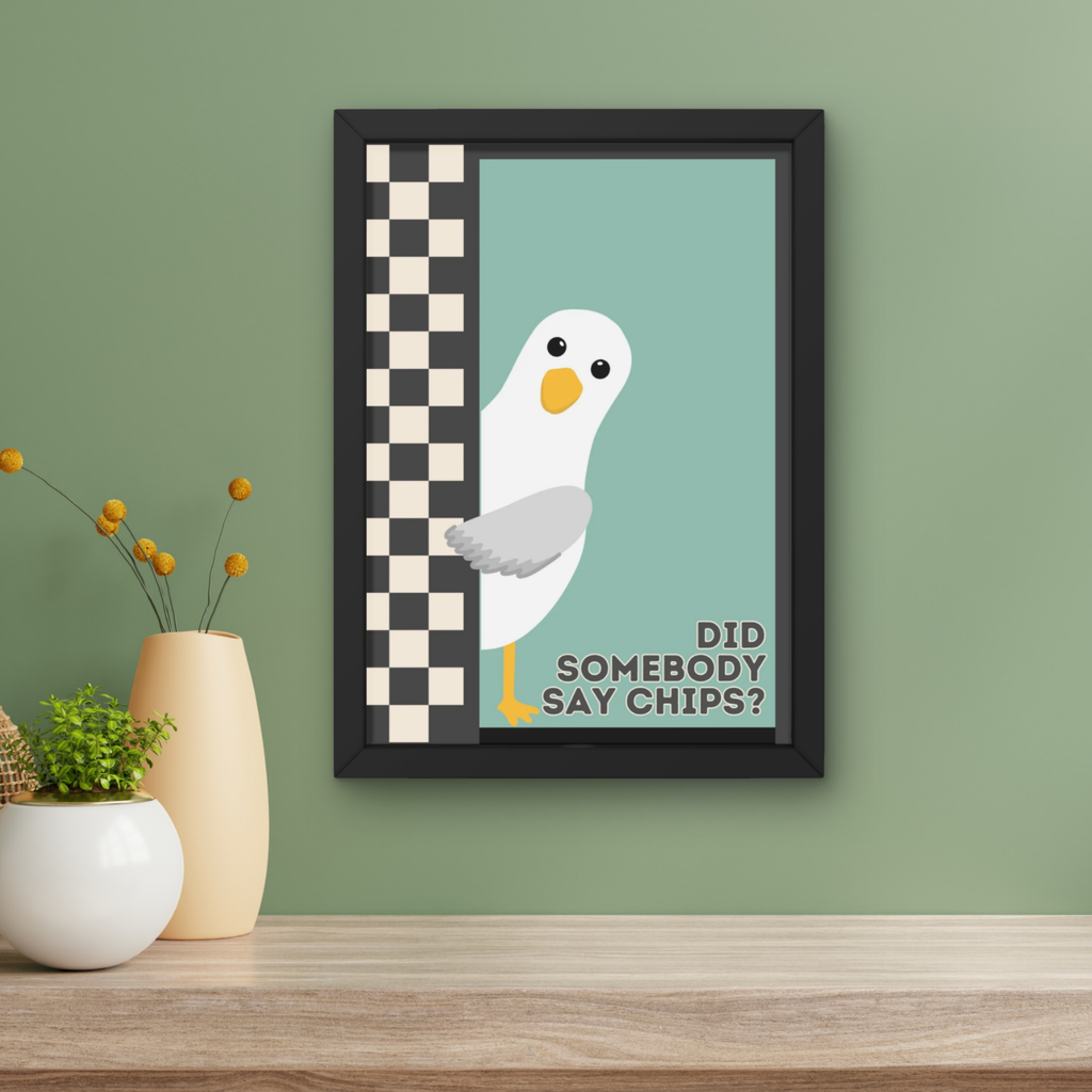chips? teal & black | Funny seagull kitchen print