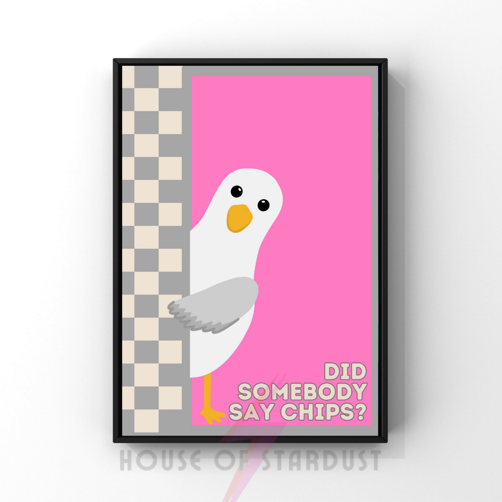chips? pink & grey | Funny seagull kitchen print