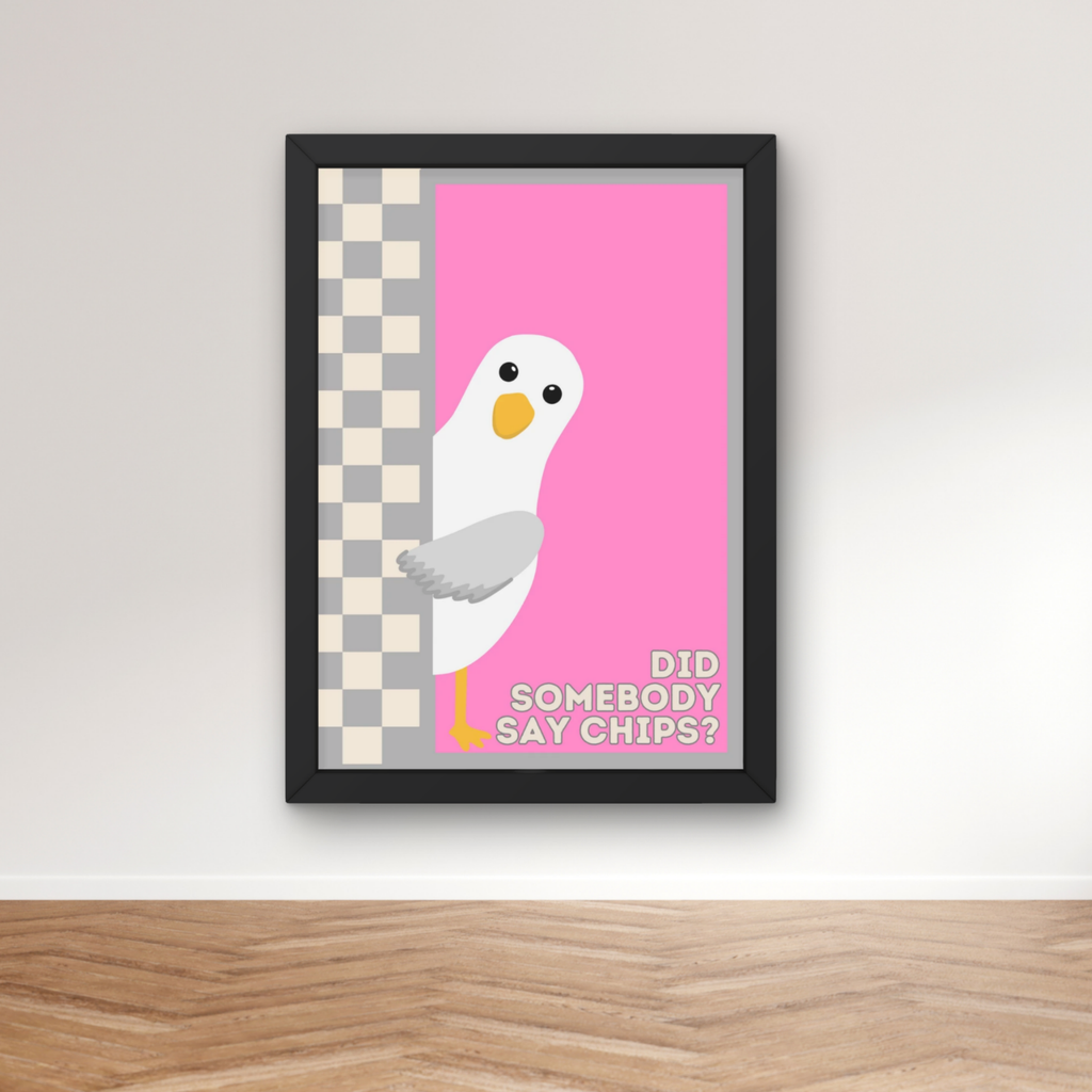 chips? pink & grey | Funny seagull kitchen print