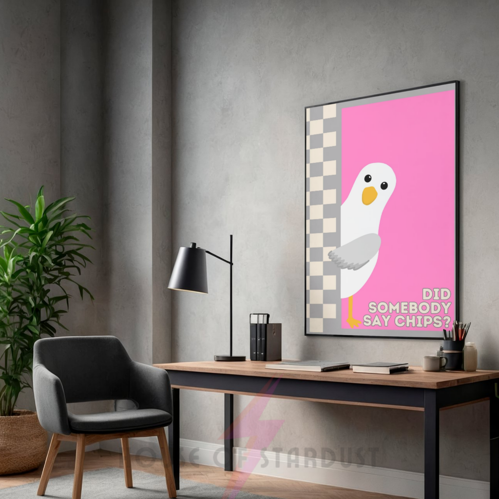 chips? pink & grey | Funny seagull kitchen print