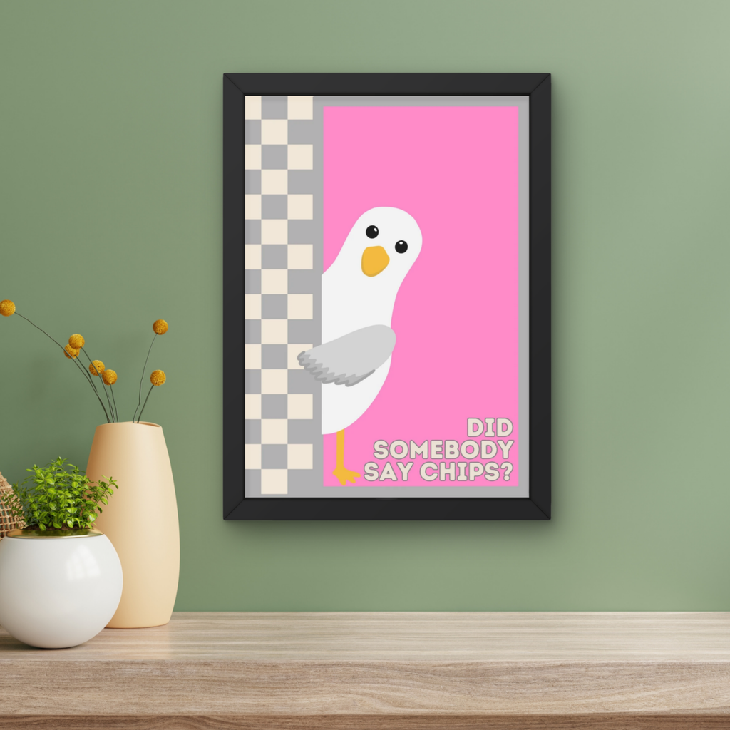 chips? pink & grey | Funny seagull kitchen print