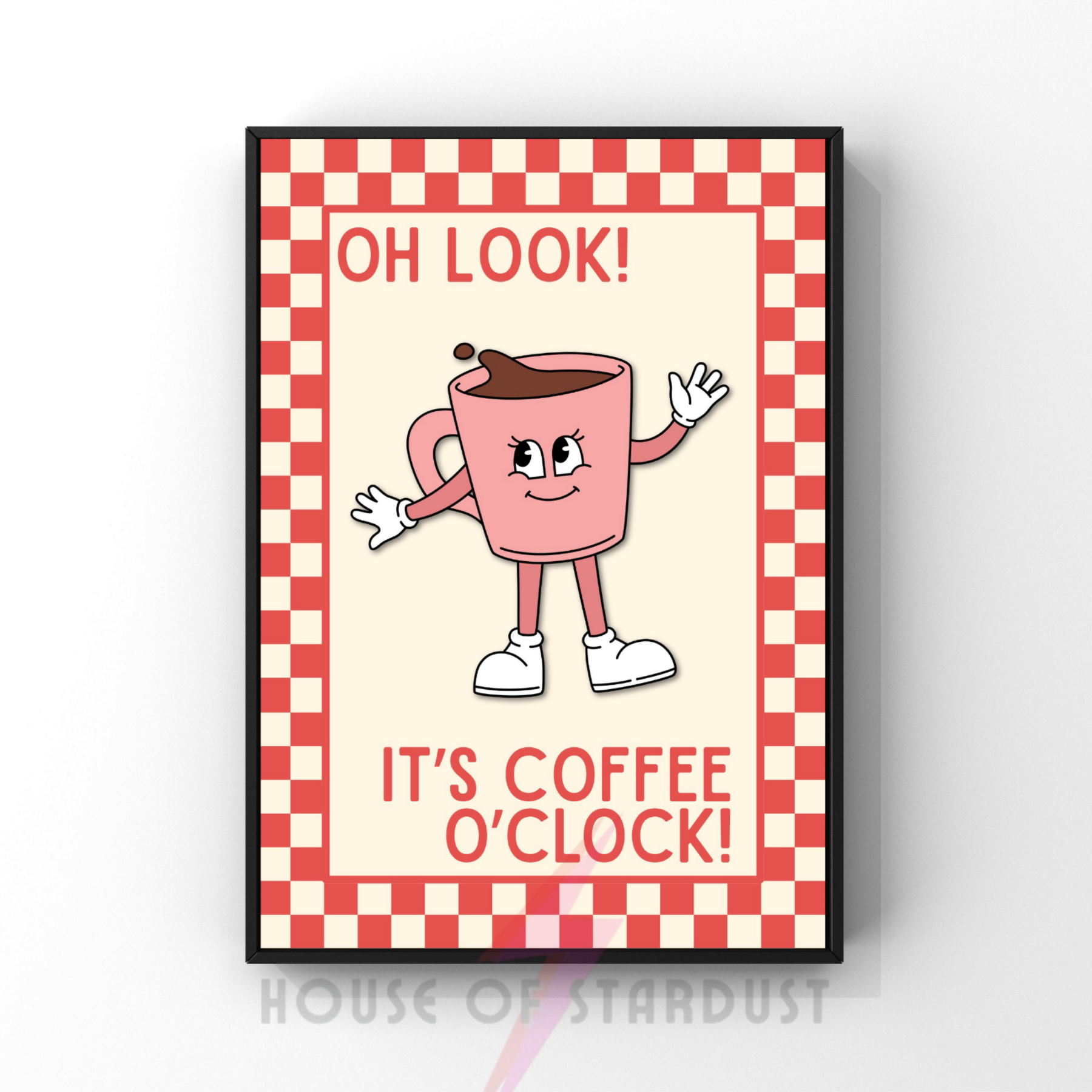 Coffee o'clock pink | Kitsch Kitchen checkerboard pastels collection print