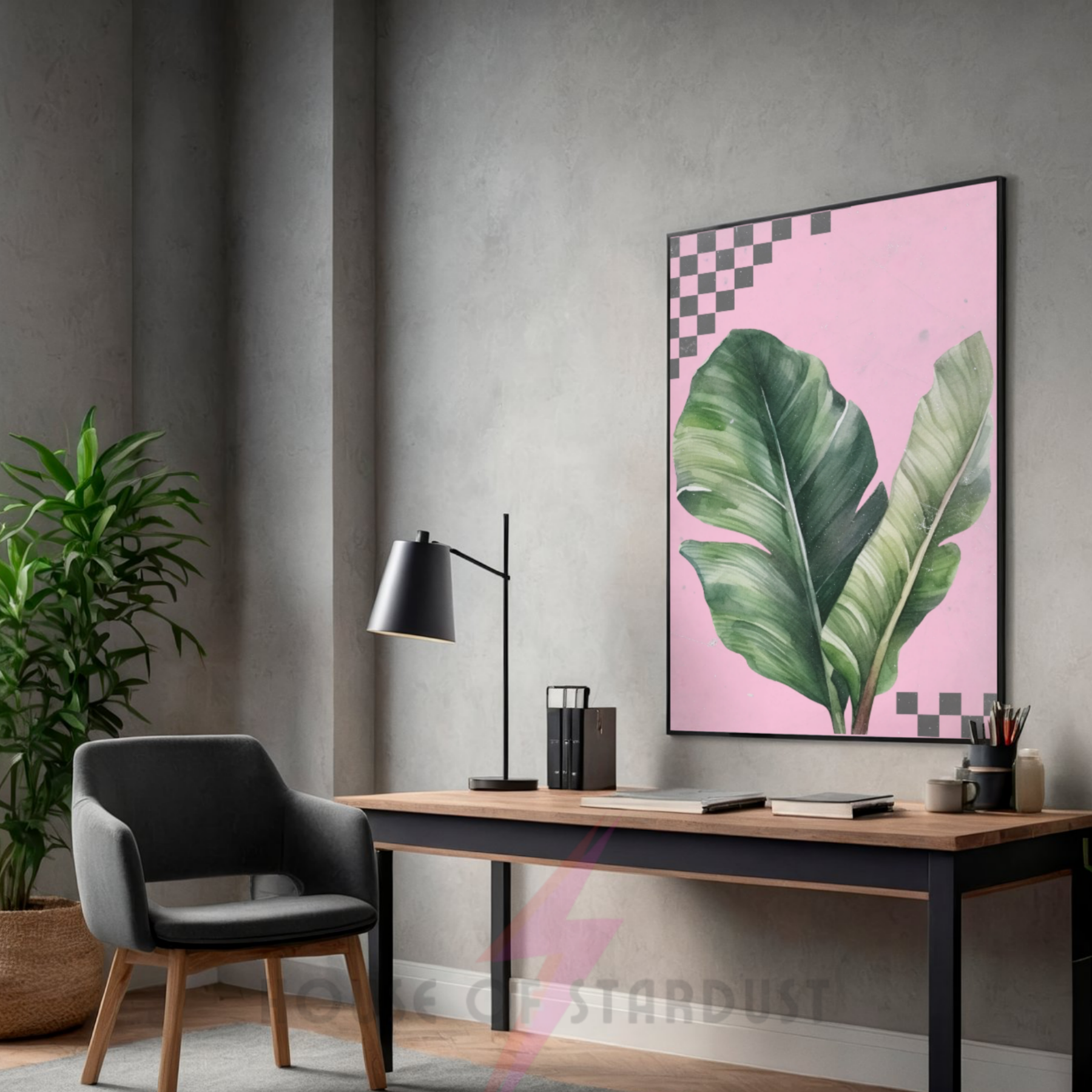 Pink check banana leaf | botanical jungle art print