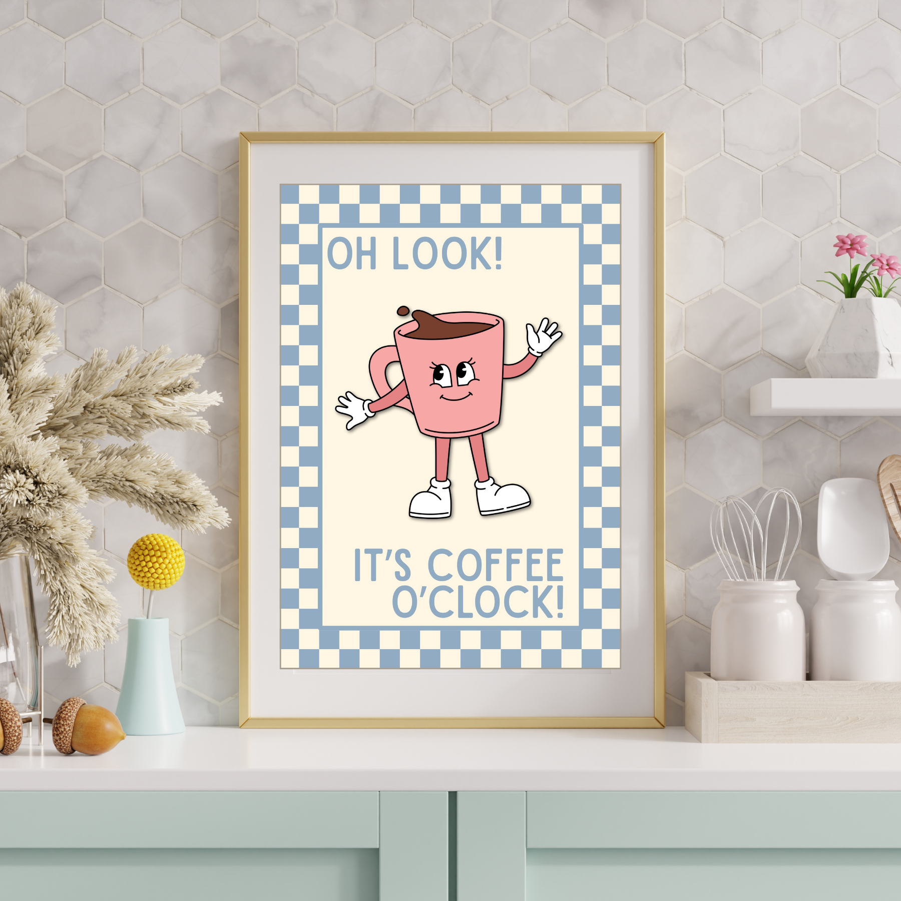 Coffee o'clock pink | Kitsch Kitchen checkerboard pastels collection print