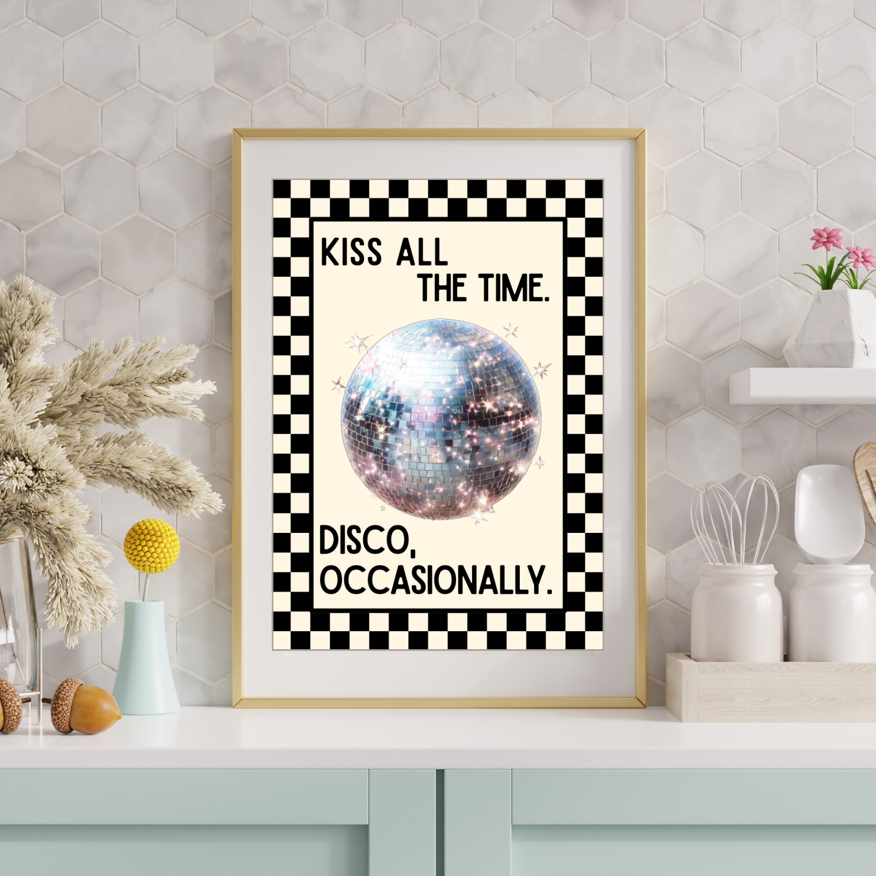 Kiss all the time, disco  | Harry inspired checkerboard retro collection print