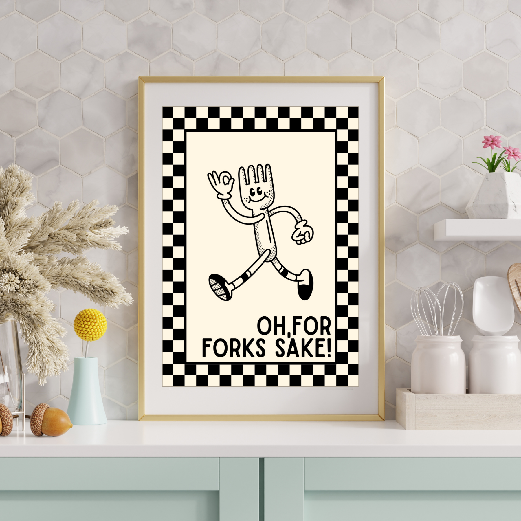 Oh, for forks sake!| Kitsch Kitchen checkerboard retro collection print
