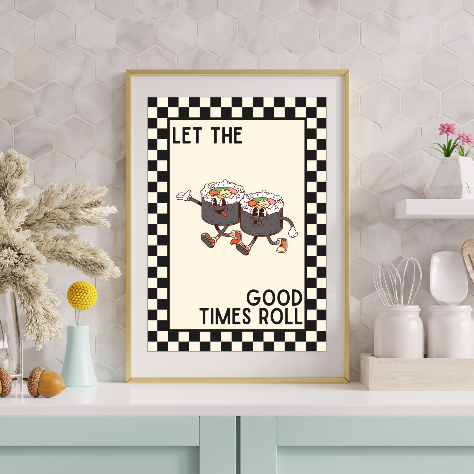 Let the good times roll Sushi | Kitsch Kitchen checkerboard retro collection print