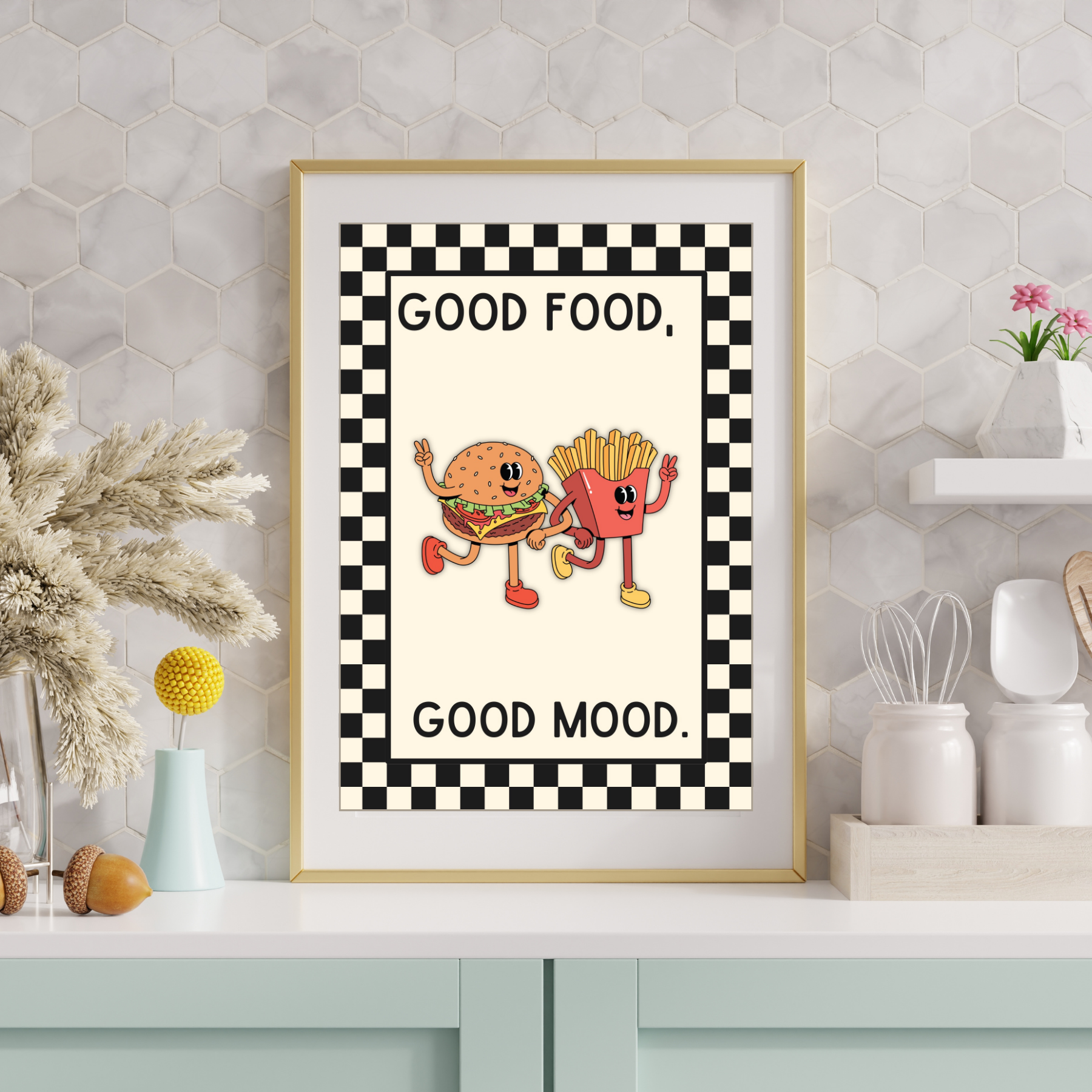 good food, good mood | Kitsch Kitchen checkerboard retro collection print