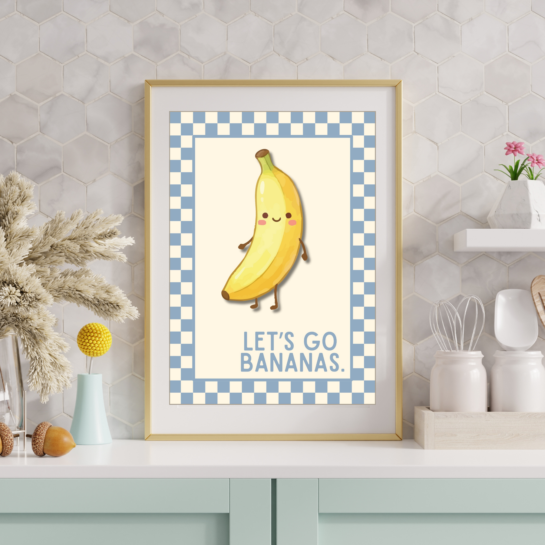 Let's go bananas | Kitsch Kitchen checkerboard pastels collection print