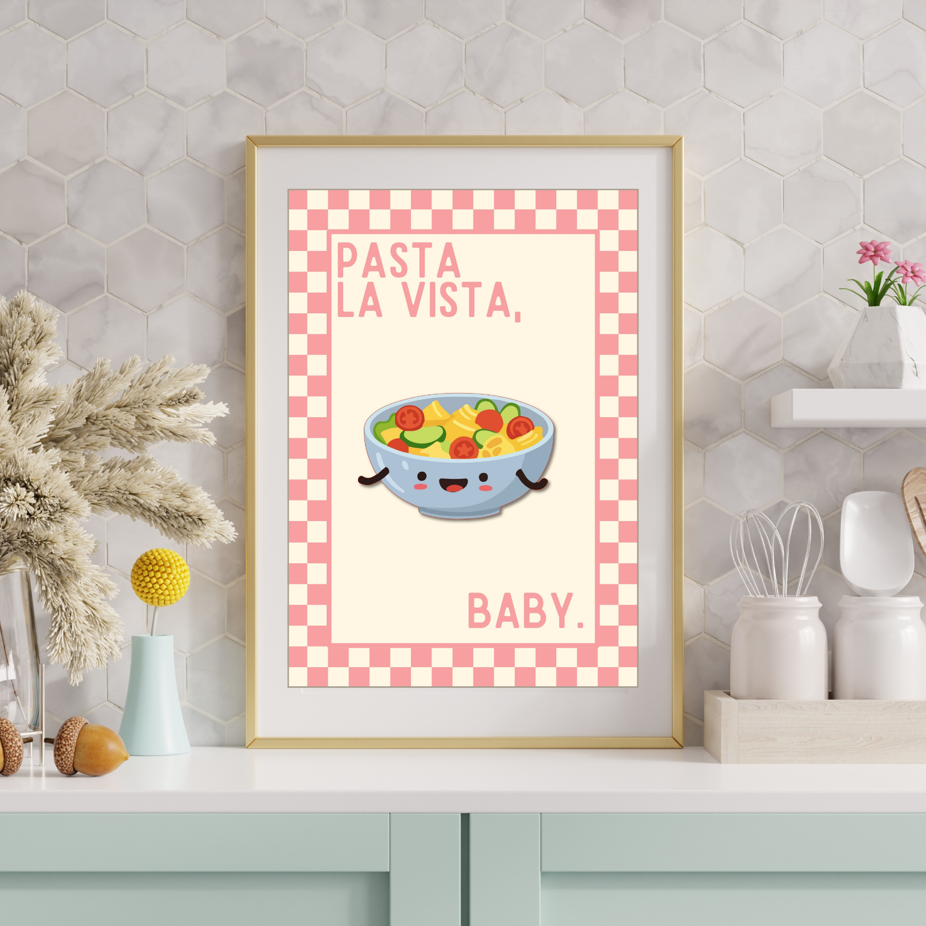 pasta la vista baby | Kitsch Kitchen checkerboard pastels collection print