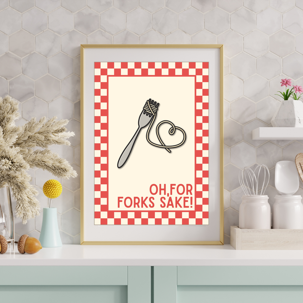 Oh, for forks sake!| Kitsch Kitchen checkerboard pastels collection print