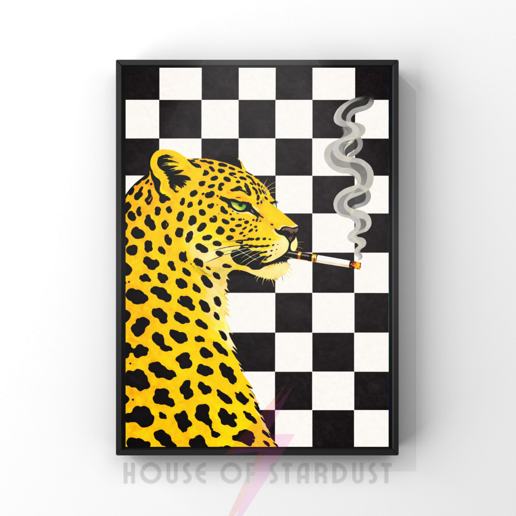 black checkerboard | retro smokin' leopard art print