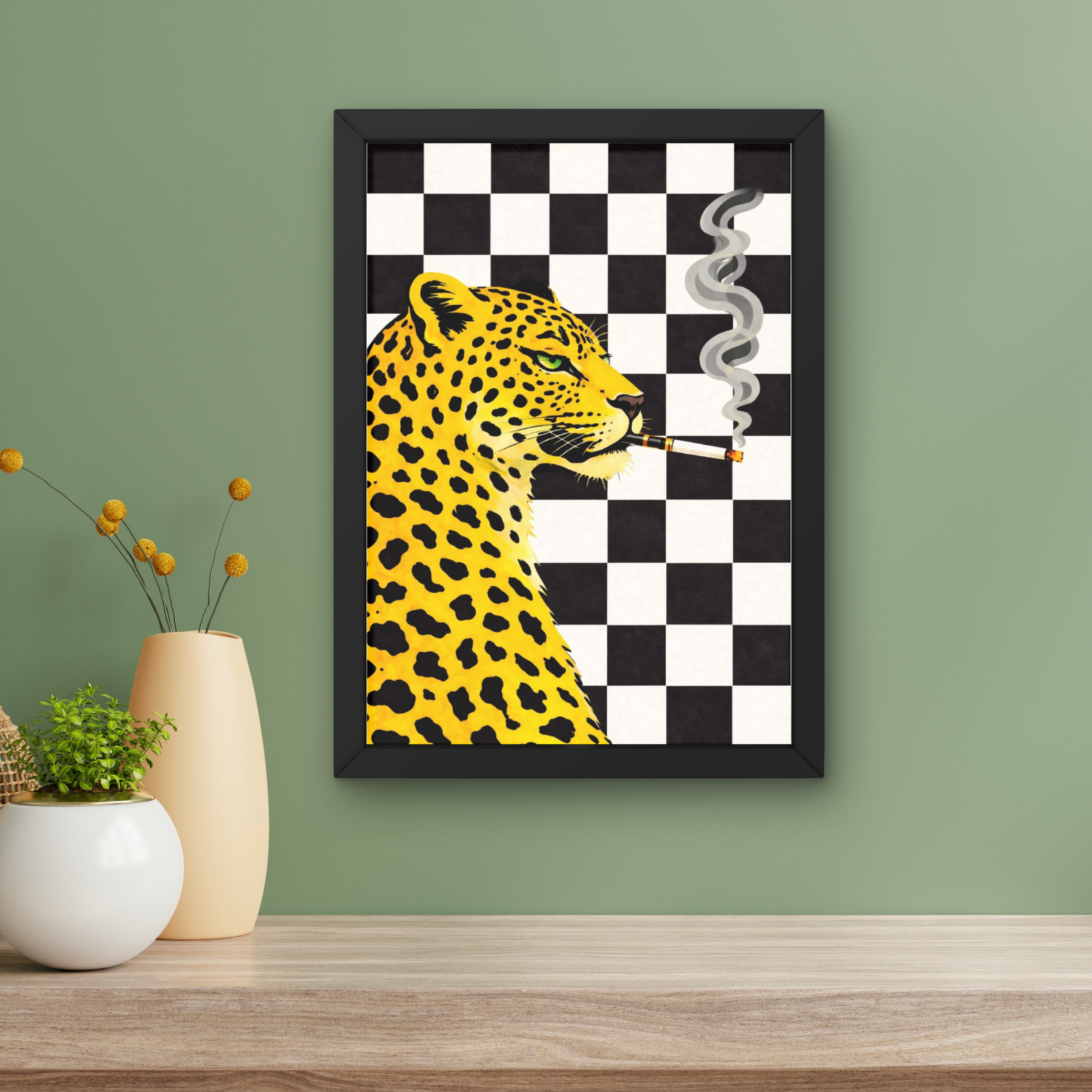 black checkerboard | retro smokin' leopard art print