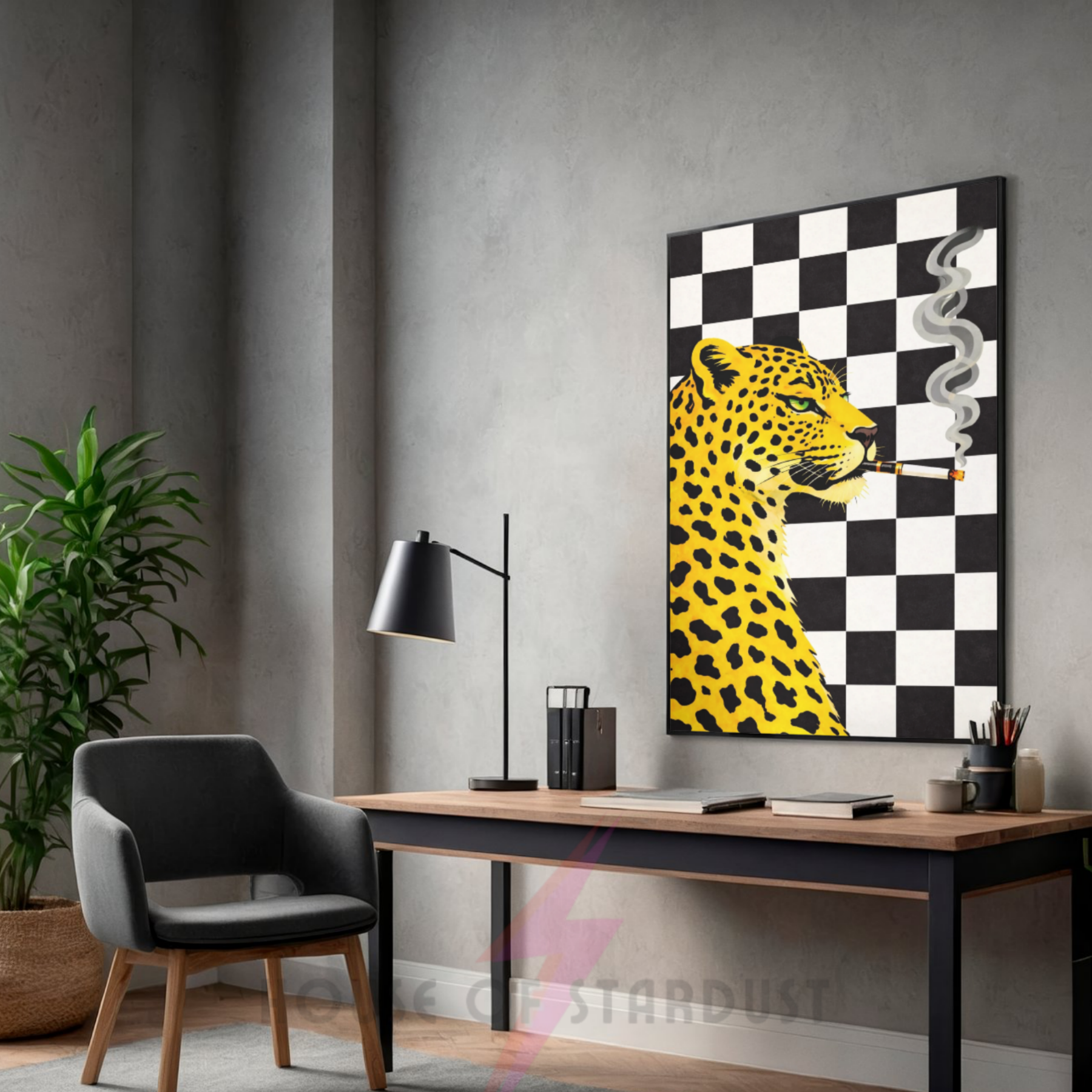black checkerboard | retro smokin' leopard art print