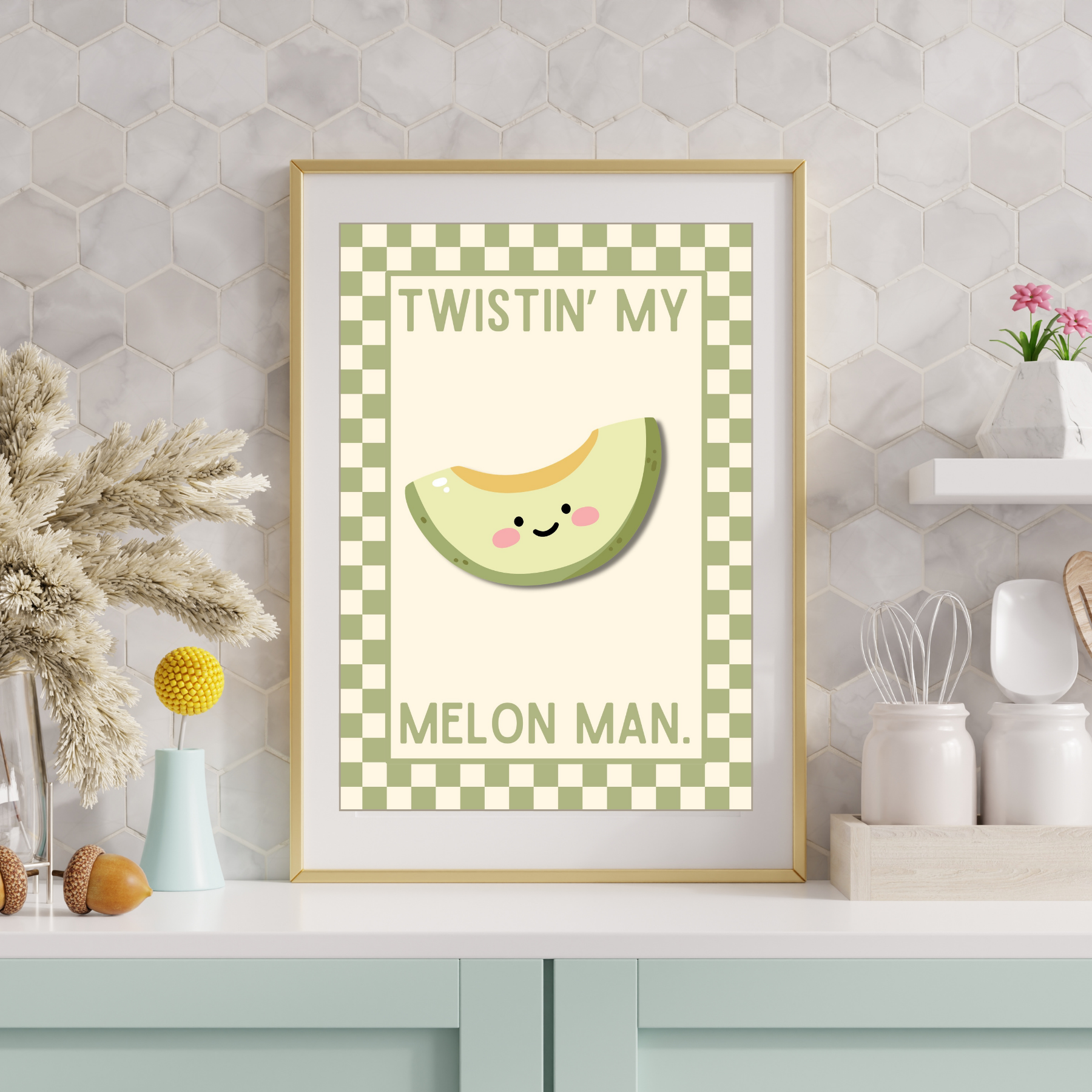 twistin' my melon man| Kitsch Kitchen checkerboard pastels collection print