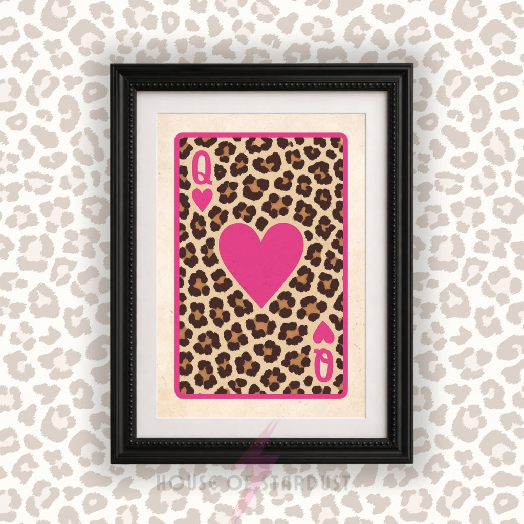Queen of Hearts Leopard Print | Playing Card Wall Art | Pink Maximalist Decor A4 A3 A5 A1 A2