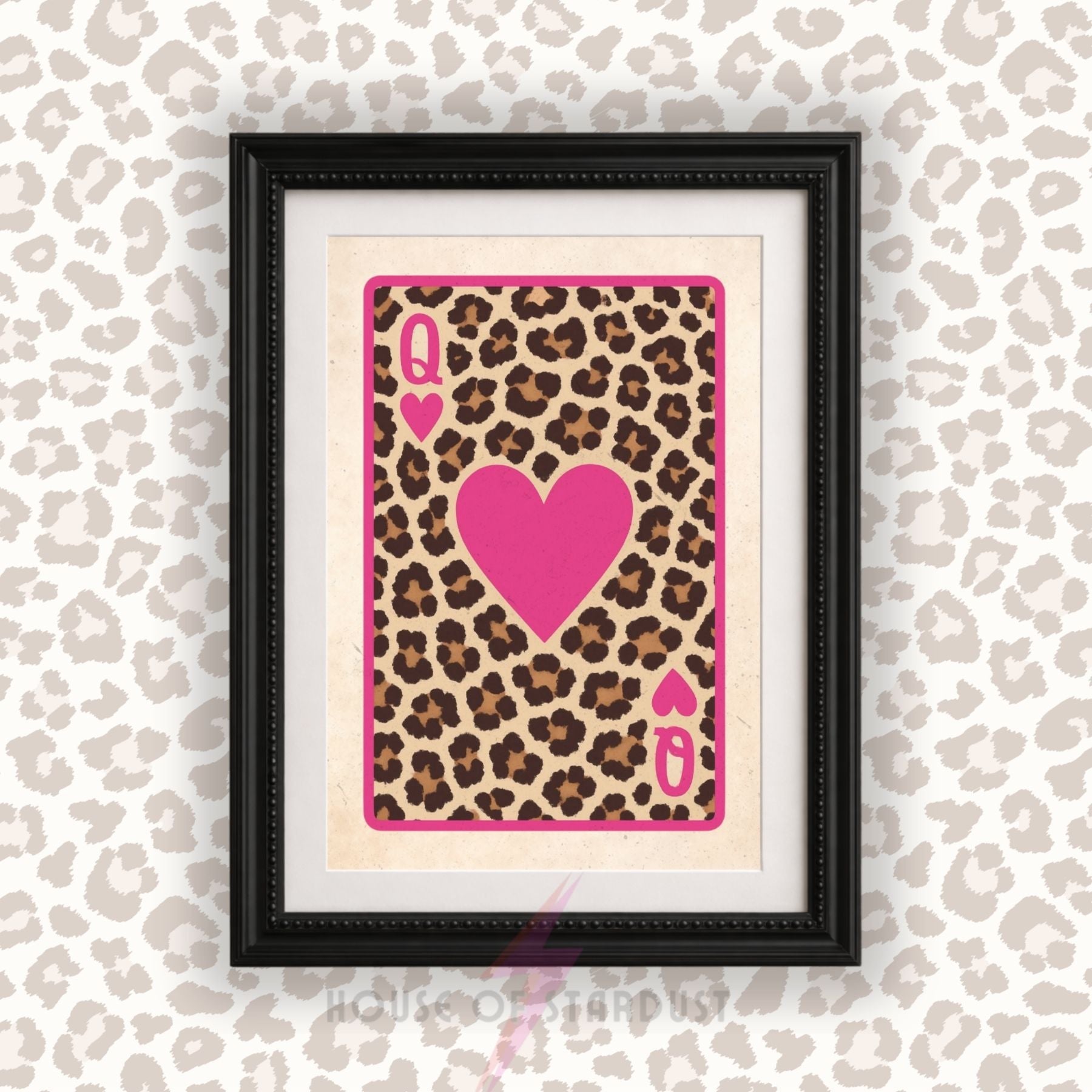 Queen of Hearts Leopard Print | Playing Card Wall Art | Pink Maximalist Decor A4 A3 A5 A1 A2
