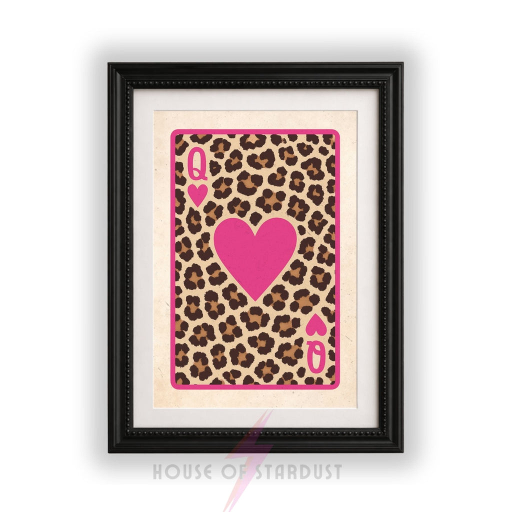 Queen of Hearts Leopard Print | Playing Card Wall Art | Pink Maximalist Decor A4 A3 A5 A1 A2