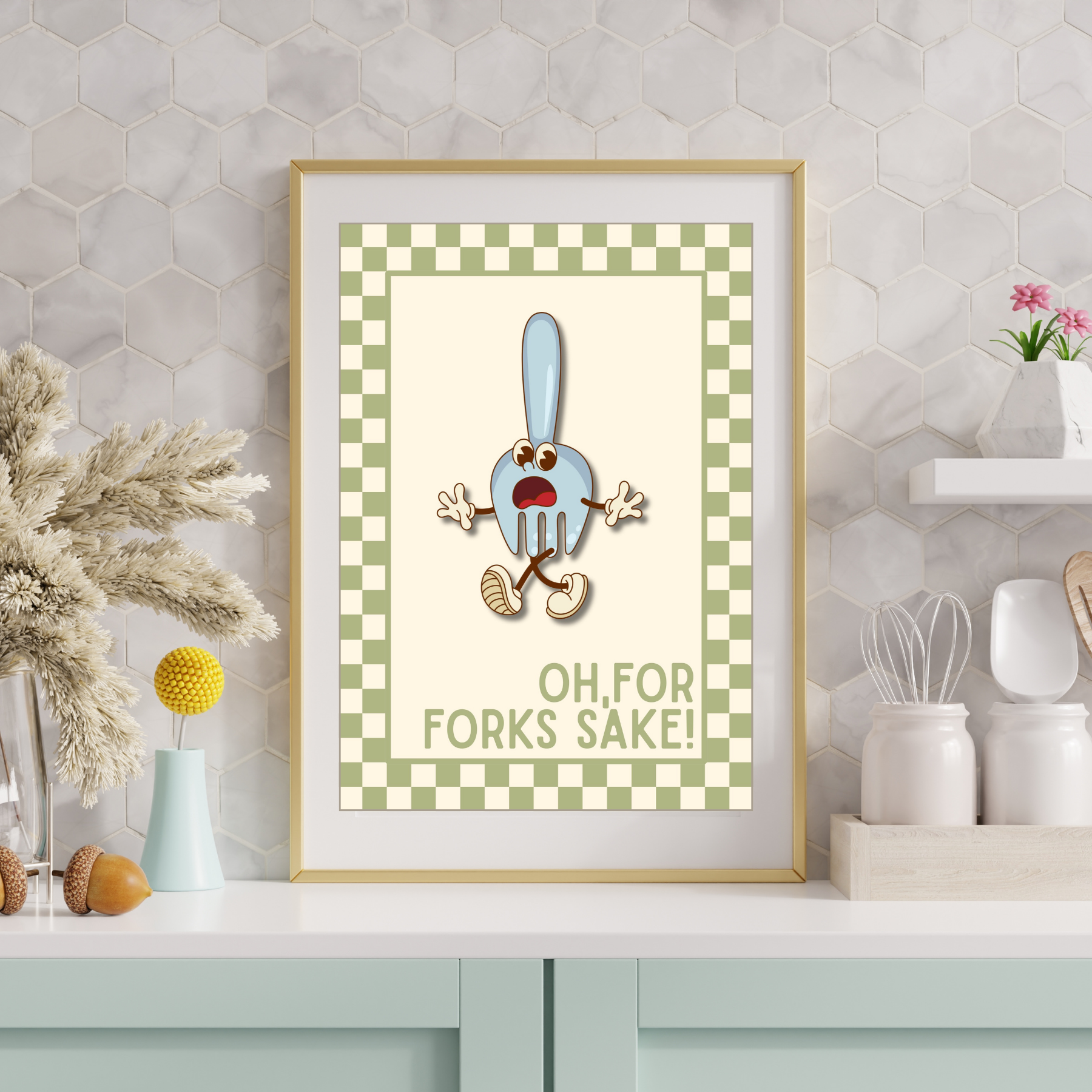 For forks sake!| Kitsch Kitchen checkerboard pastels collection print