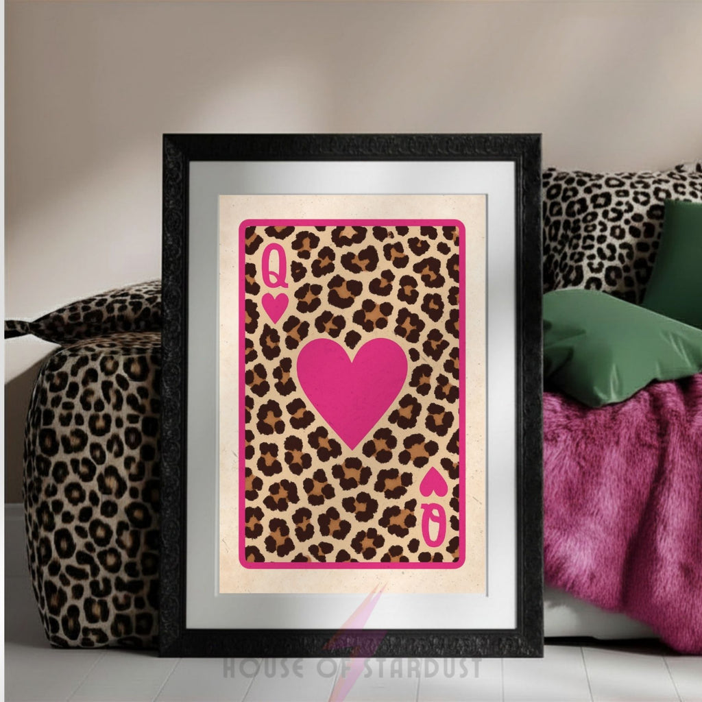 Queen of Hearts Leopard Print | Playing Card Wall Art | Pink Maximalist Decor A4 A3 A5 A1 A2