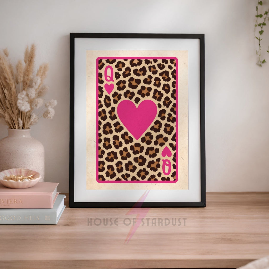 Queen of Hearts Leopard Print | Playing Card Wall Art | Pink Maximalist Decor A4 A3 A5 A1 A2