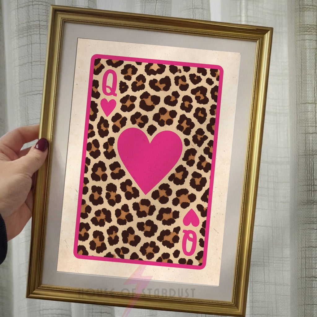Queen of Hearts Leopard Print | Playing Card Wall Art | Pink Maximalist Decor A4 A3 A5 A1 A2