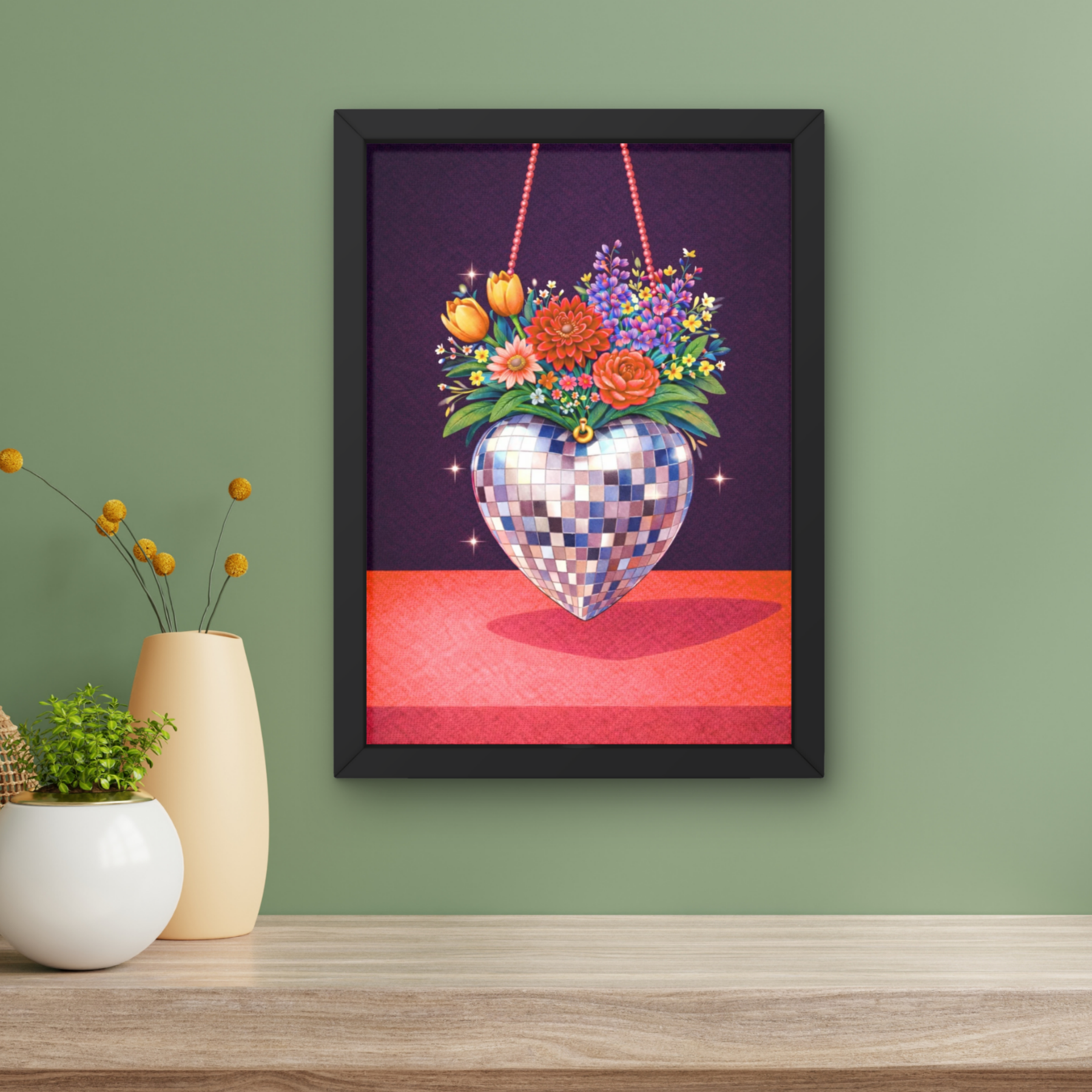 Bold Dark plum & coral Disco ball | Funky floral blooms flower print