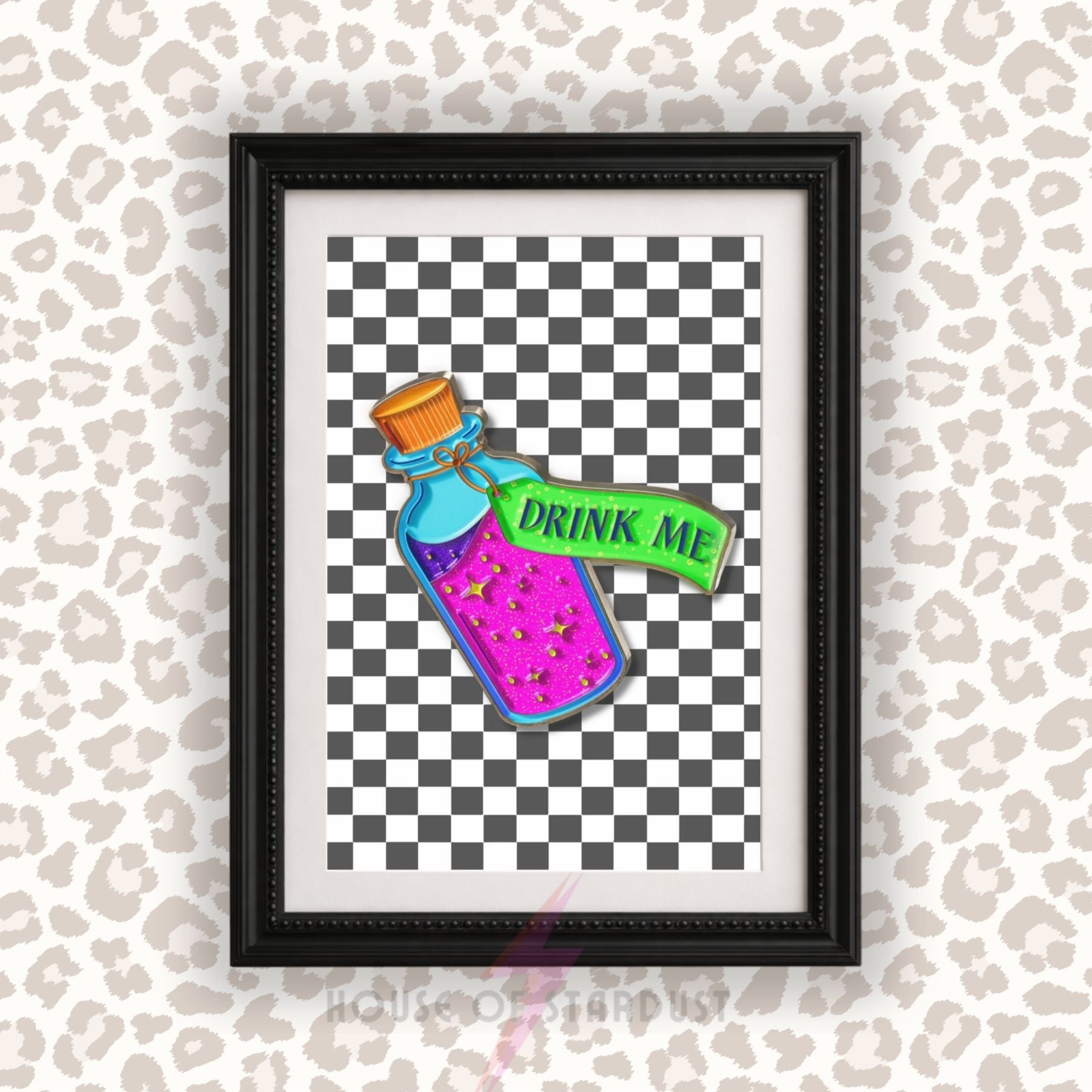Vibrant “Drink Me” Alice in Wonderland Inspired Art Print | Checkerboard & Neon Maximalist Decor A4 A3 A5 A1 A2