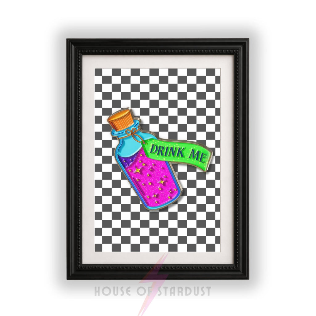 Vibrant “Drink Me” Alice in Wonderland Inspired Art Print | Checkerboard & Neon Maximalist Decor A4 A3 A5 A1 A2