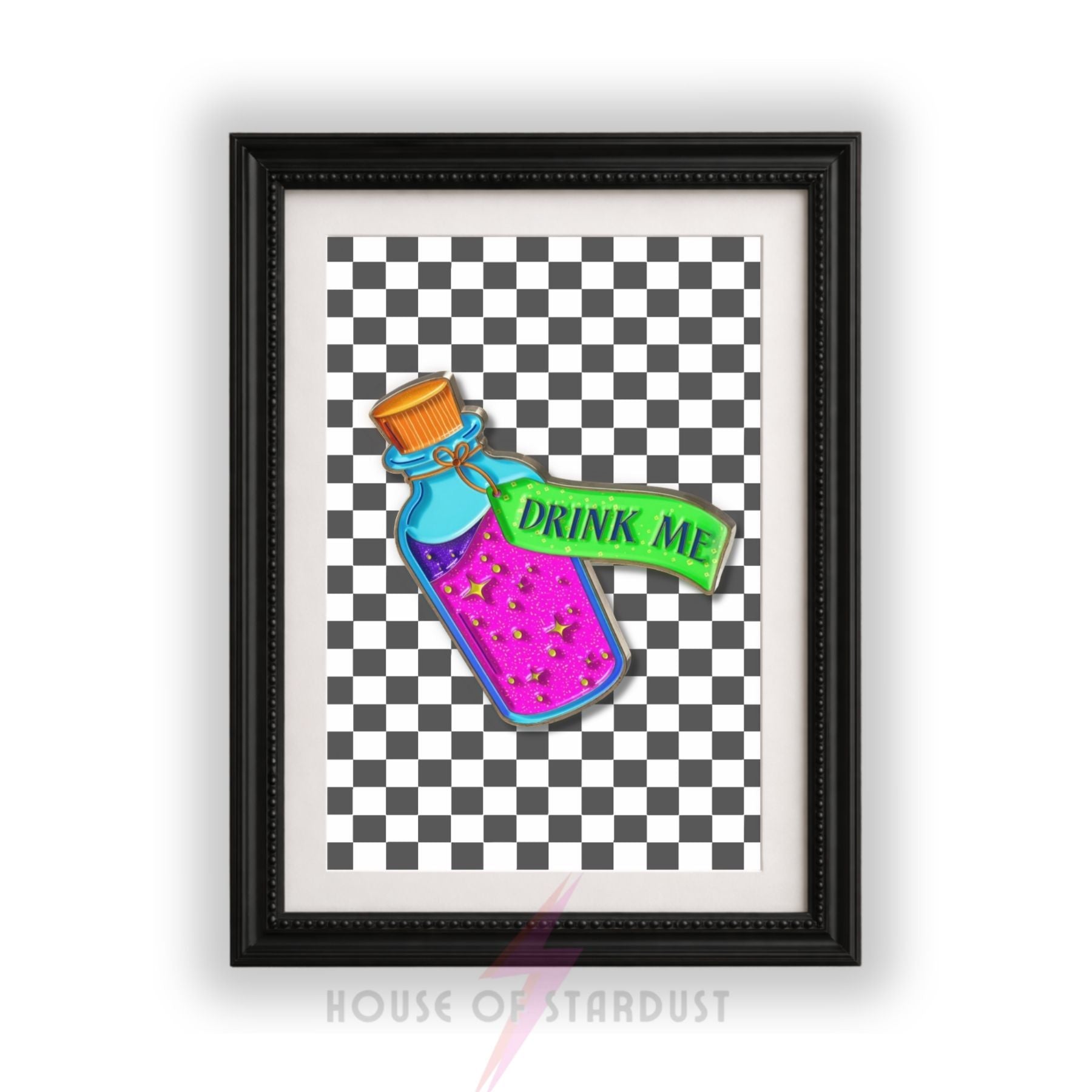 Vibrant “Drink Me” Alice in Wonderland Inspired Art Print | Checkerboard & Neon Maximalist Decor A4 A3 A5 A1 A2