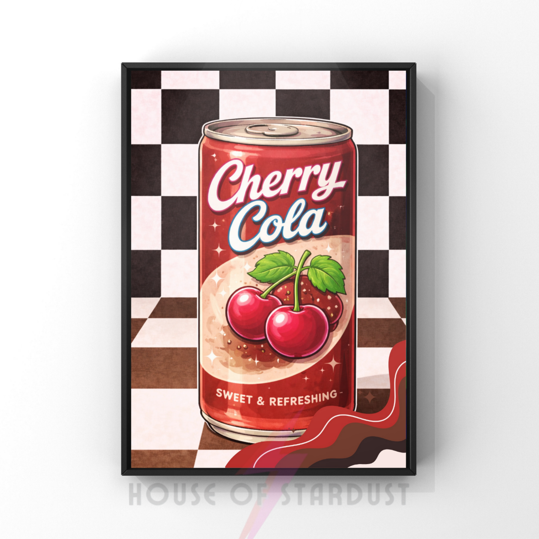 cherry cola soda pop |  Retro checkerboard diner art print