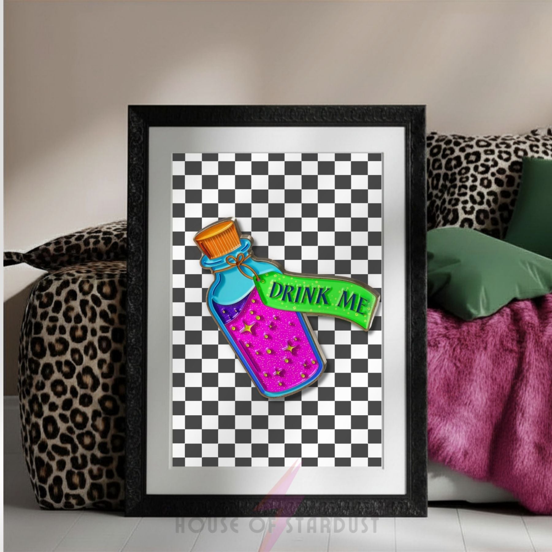 Vibrant “Drink Me” Alice in Wonderland Inspired Art Print | Checkerboard & Neon Maximalist Decor A4 A3 A5 A1 A2