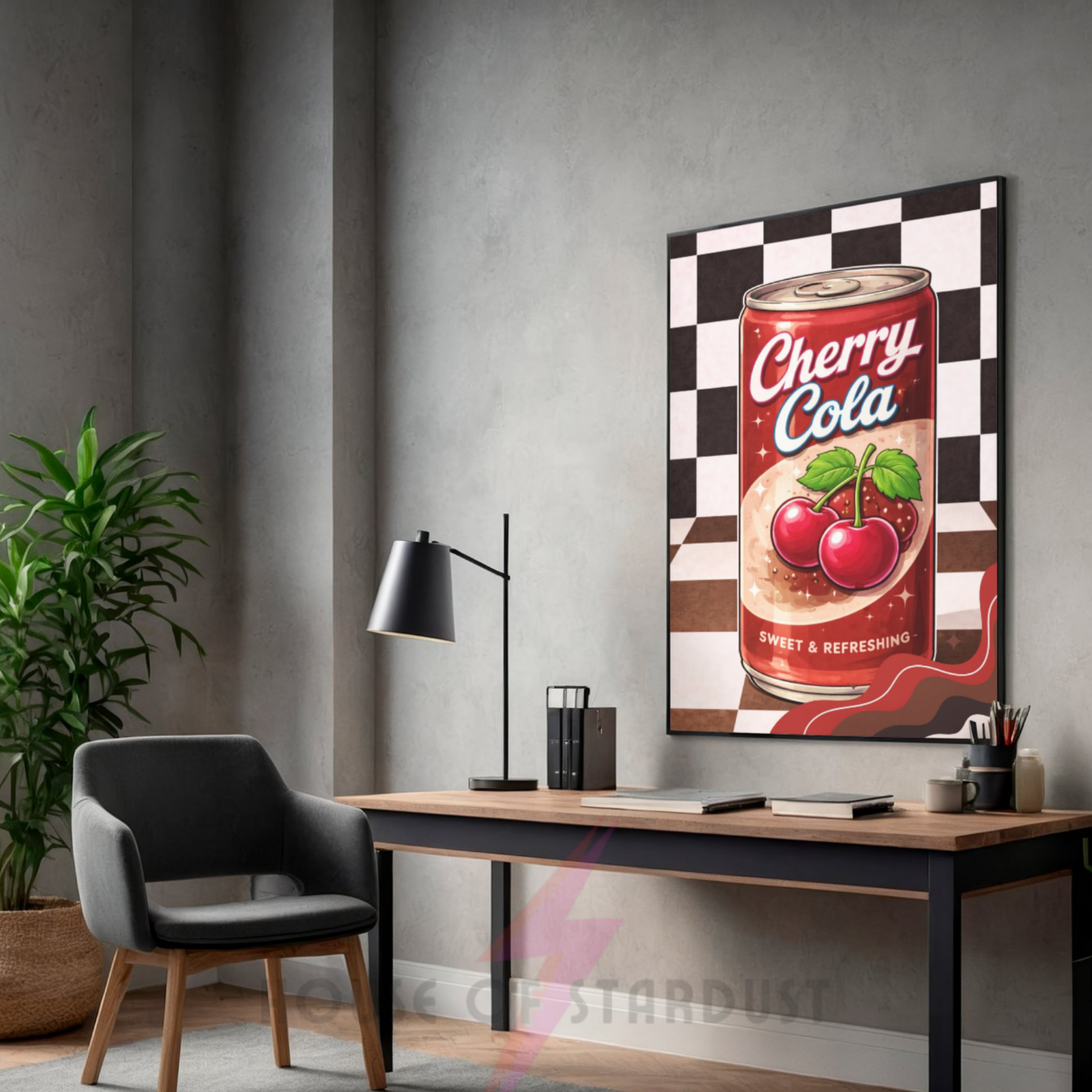 cherry cola soda pop |  Retro checkerboard diner art print