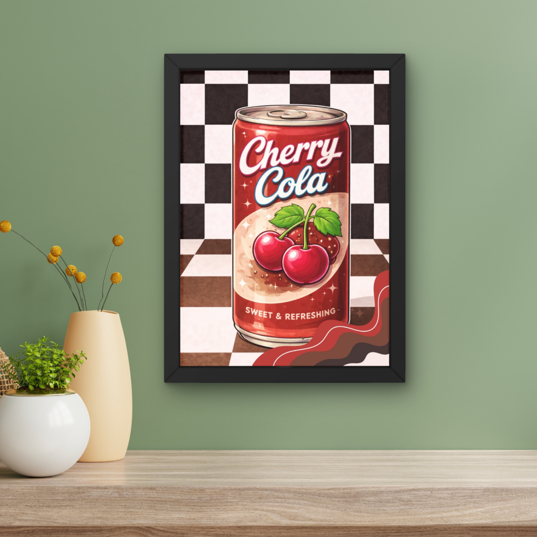 cherry cola soda pop |  Retro checkerboard diner art print