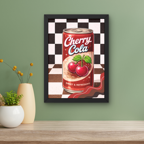 cherry cola soda pop |  Retro checkerboard diner art print