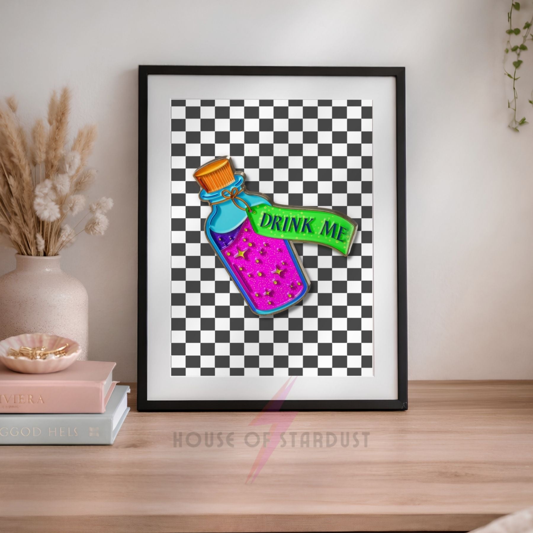 Vibrant “Drink Me” Alice in Wonderland Inspired Art Print | Checkerboard & Neon Maximalist Decor A4 A3 A5 A1 A2