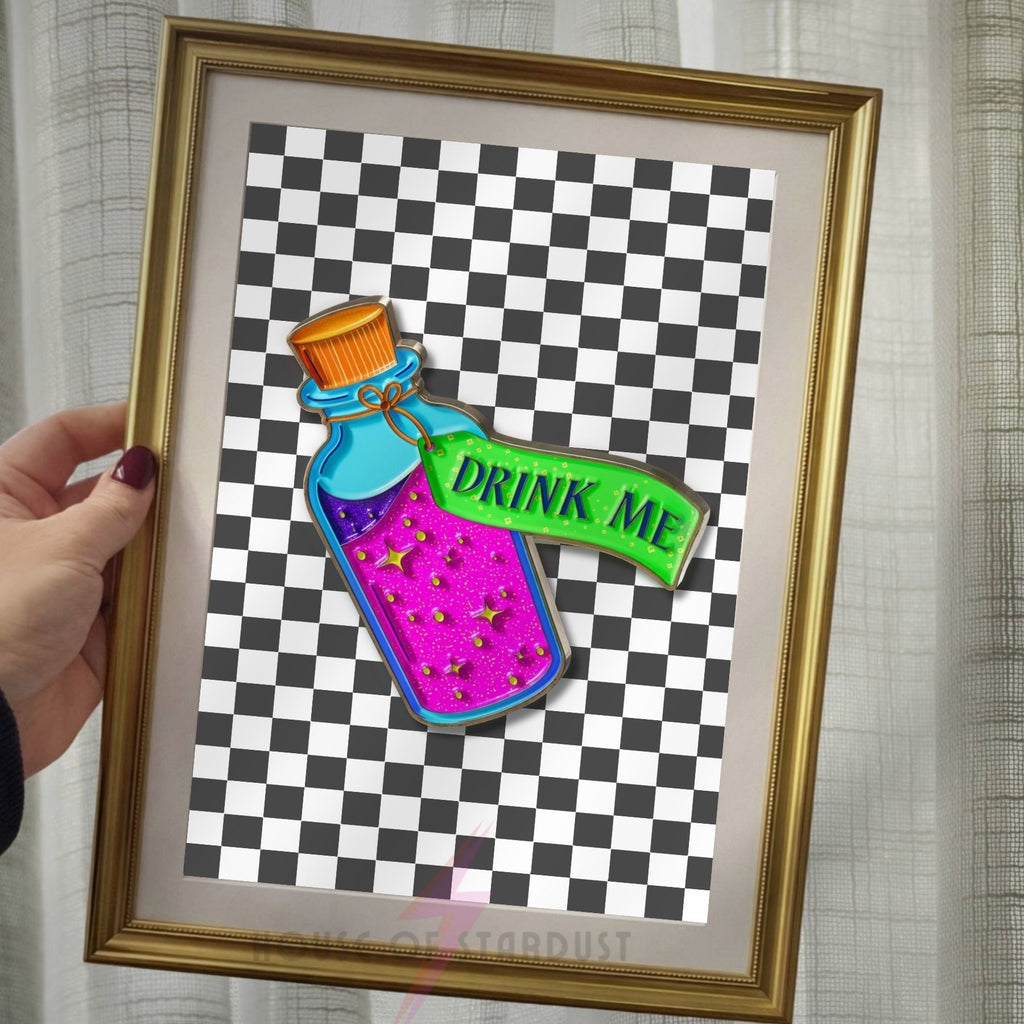 Vibrant “Drink Me” Alice in Wonderland Inspired Art Print | Checkerboard & Neon Maximalist Decor A4 A3 A5 A1 A2