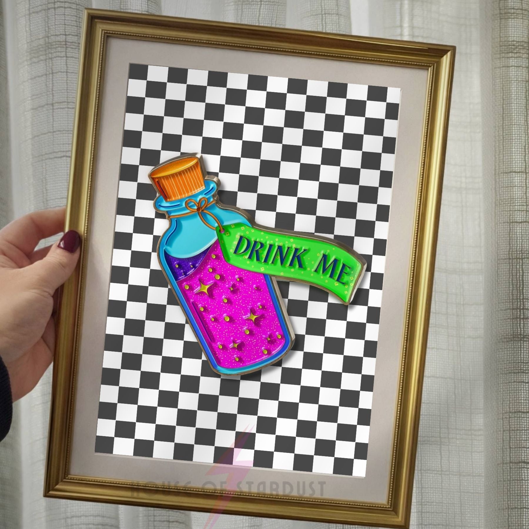 Vibrant “Drink Me” Alice in Wonderland Inspired Art Print | Checkerboard & Neon Maximalist Decor A4 A3 A5 A1 A2