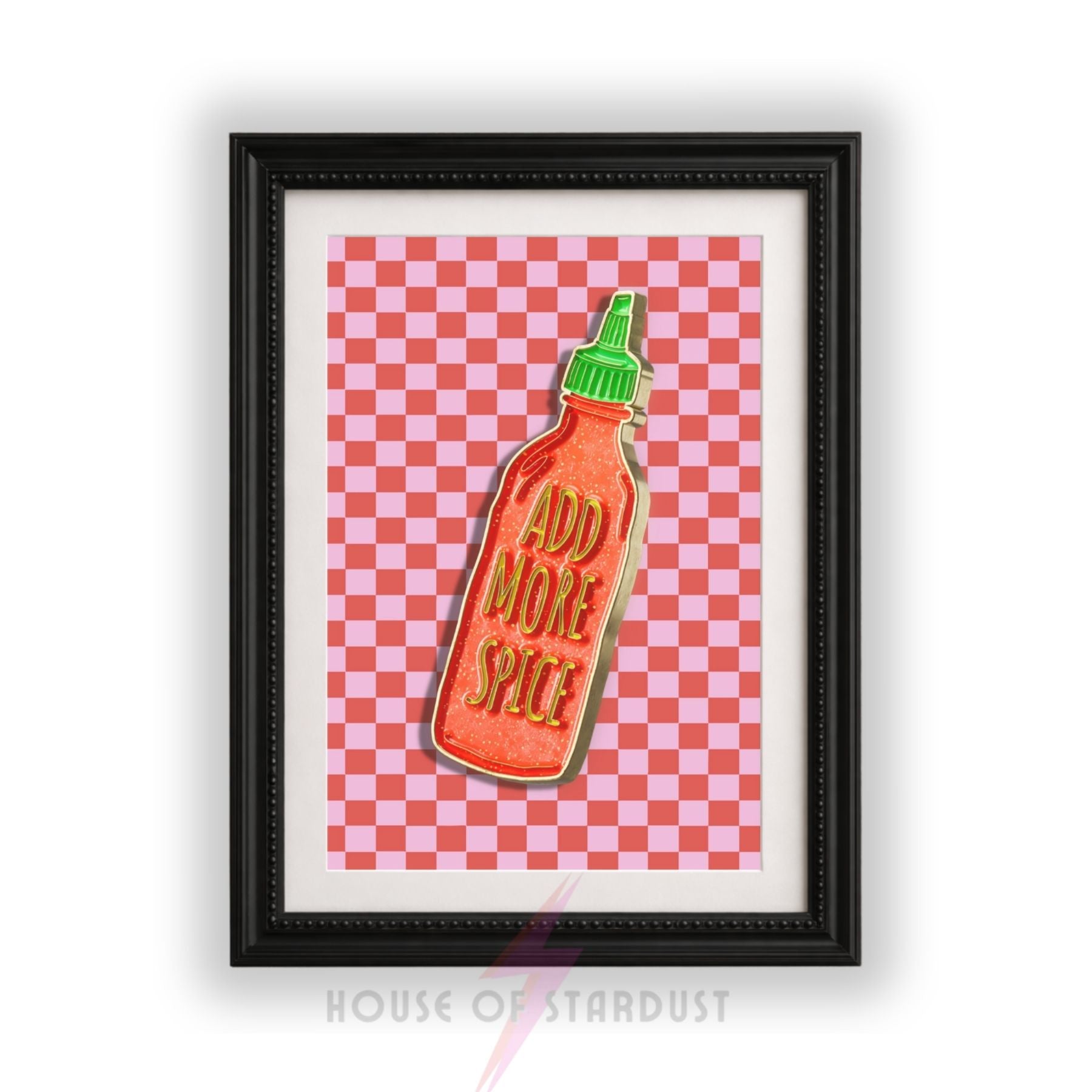 Add More Spice Hot Sauce Print – Bold Funky Kitchen Wall Art | Checkerboard HD Maximalist Decor A4 A3 A5 A1 A2