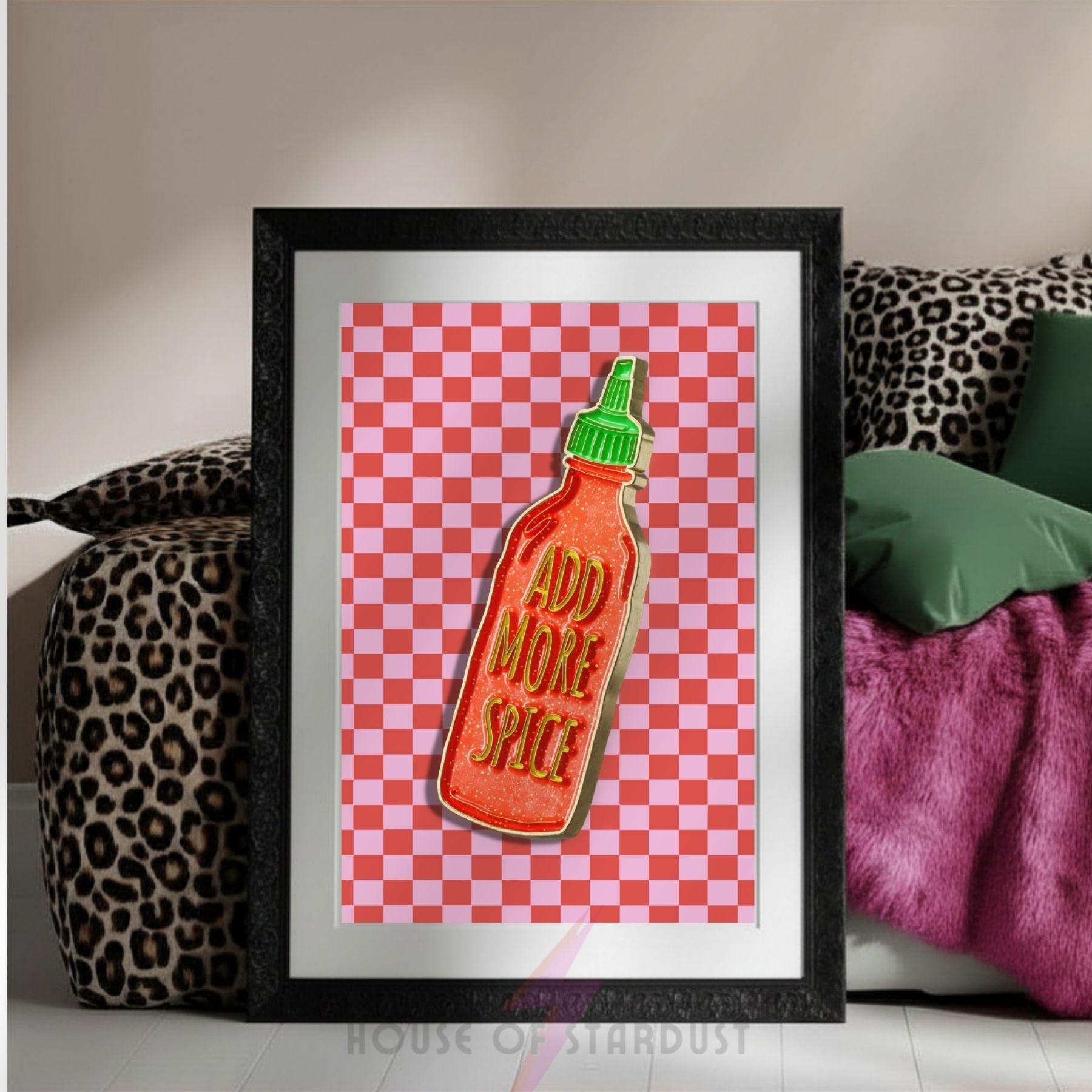 Add More Spice Hot Sauce Print – Bold Funky Kitchen Wall Art | Checkerboard HD Maximalist Decor A4 A3 A5 A1 A2