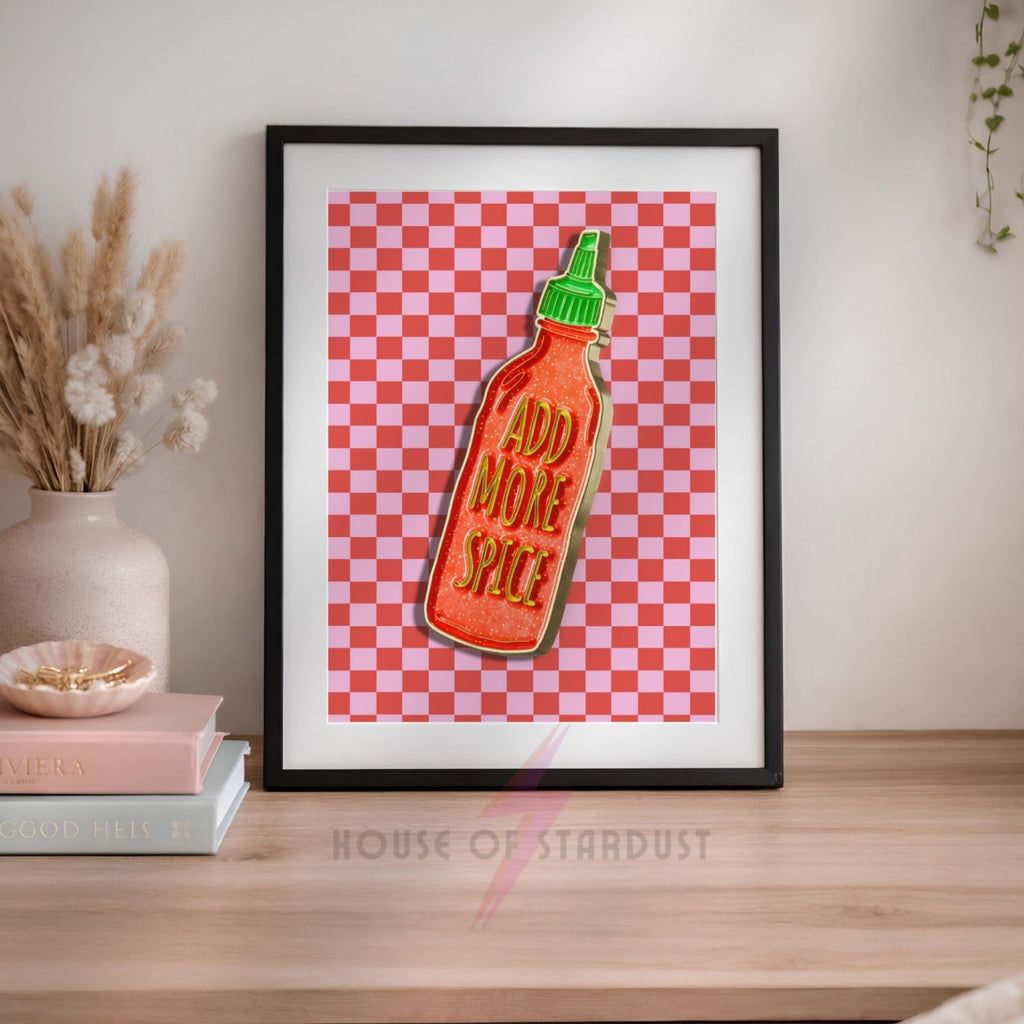Add More Spice Hot Sauce Print – Bold Funky Kitchen Wall Art | Checkerboard HD Maximalist Decor A4 A3 A5 A1 A2