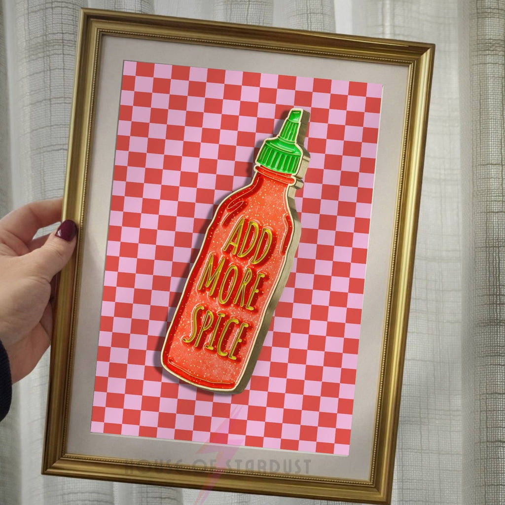 Add More Spice Hot Sauce Print – Bold Funky Kitchen Wall Art | Checkerboard HD Maximalist Decor A4 A3 A5 A1 A2