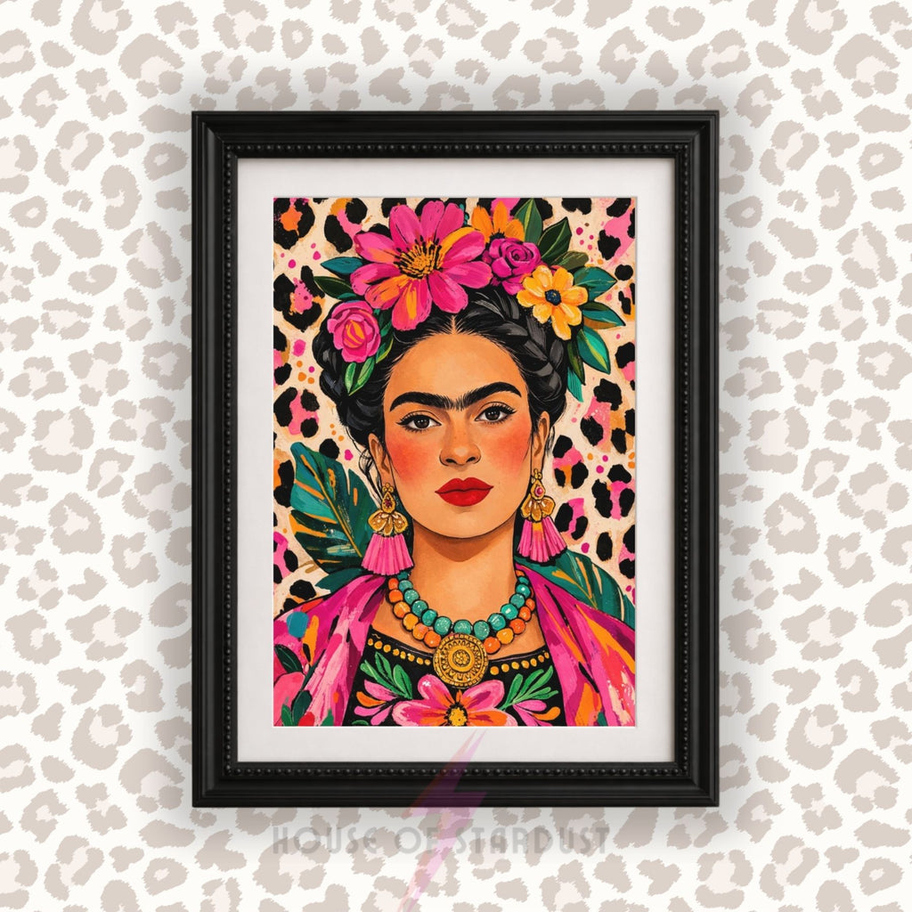 Frida Kahlo Art Print | Colourful Leopard Wall Decor | Bold Feminine Portrait | Maximalist Decor A4 A3 A5 A1 A2