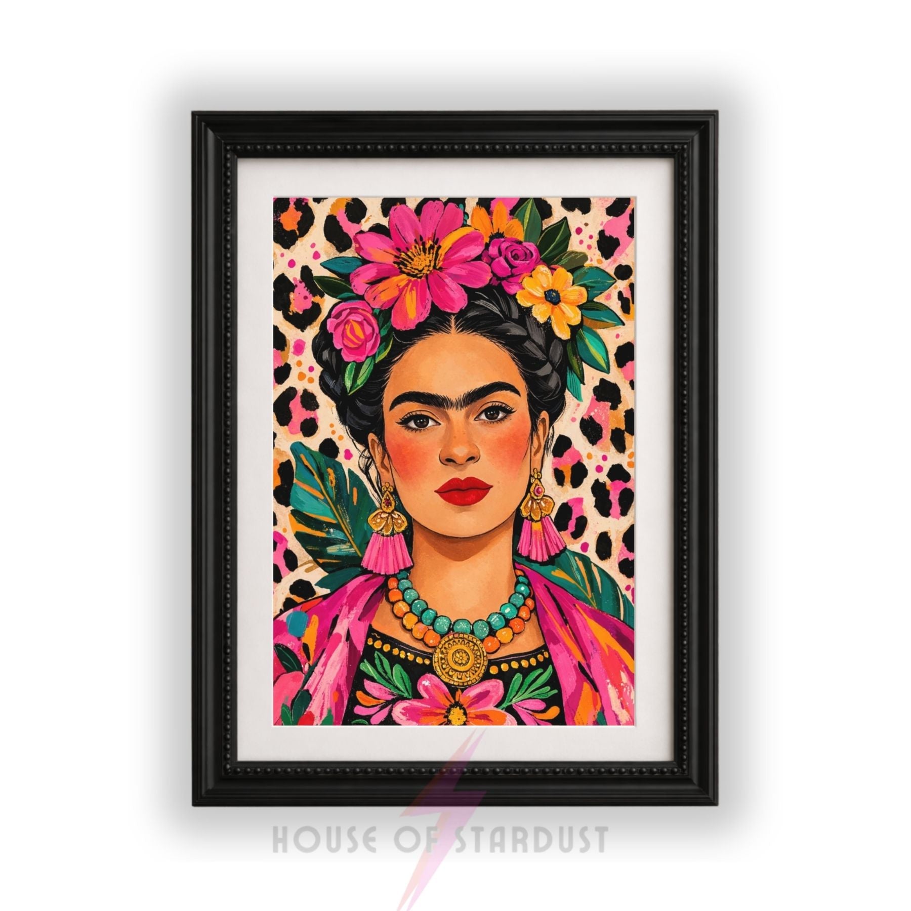 Frida Kahlo Art Print | Colourful Leopard Wall Decor | Bold Feminine Portrait | Maximalist Decor A4 A3 A5 A1 A2