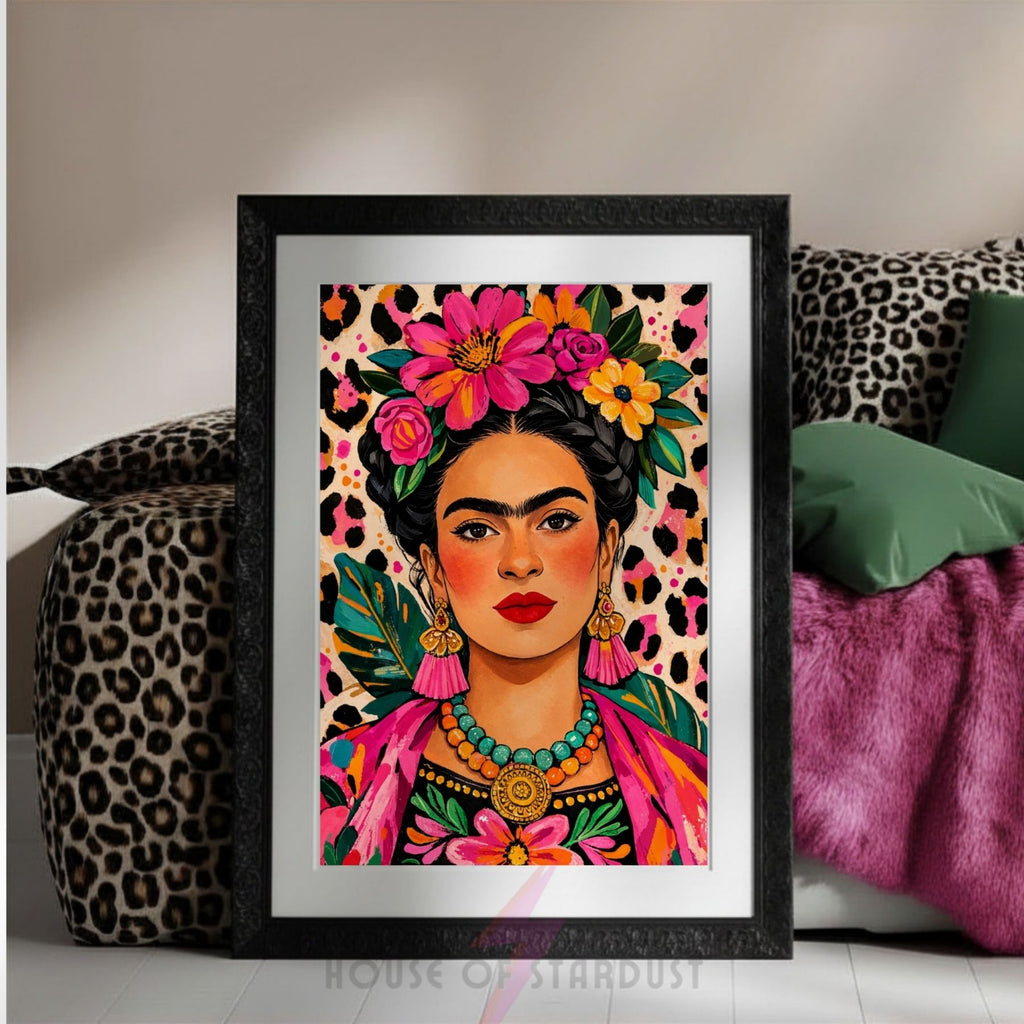 Frida Kahlo Art Print | Colourful Leopard Wall Decor | Bold Feminine Portrait | Maximalist Decor A4 A3 A5 A1 A2